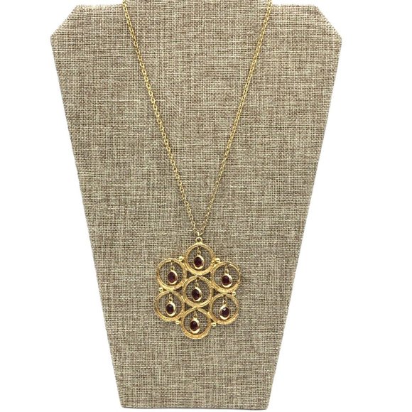 Vintage Crystal Waterfall Dangle Necklace Ruby Red Bezel Set Rhinestone Necklace - Picture 8 of 8